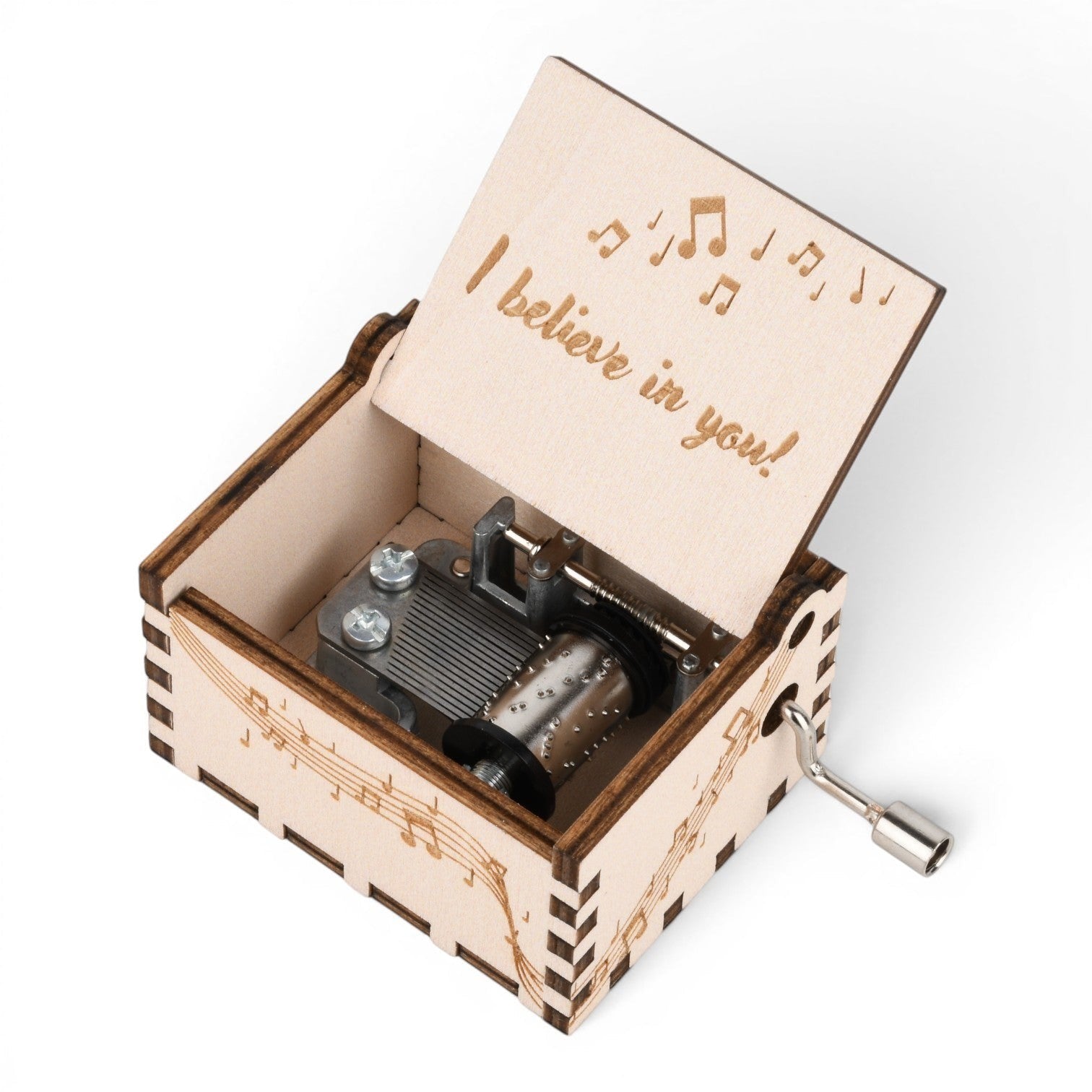 Enchanted Music Boxes plywood hand-crank music box with music note engravings and I believe in you lid inscription