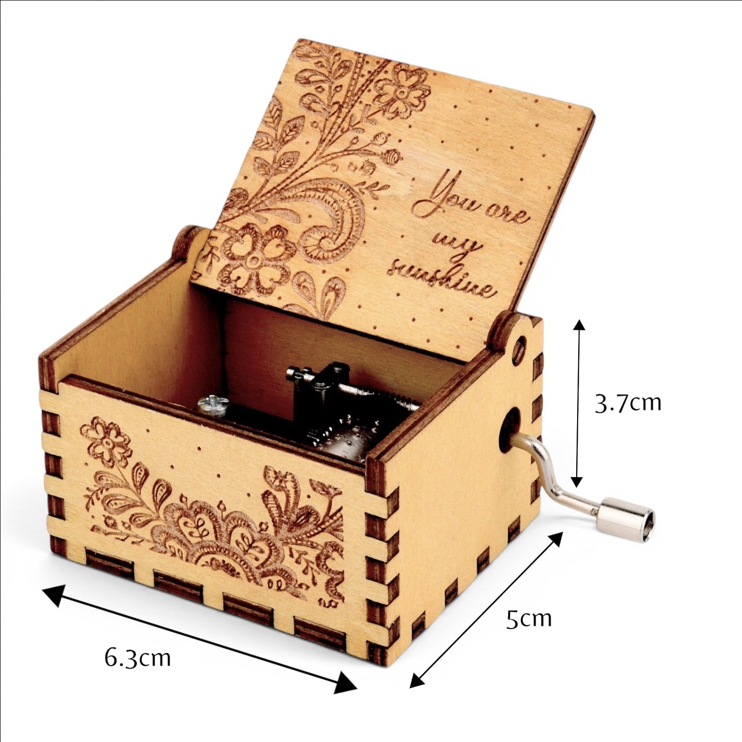 Enchanted Music Boxes plywood hand-crank music box with folk art floral engraving and You are my sunshine text