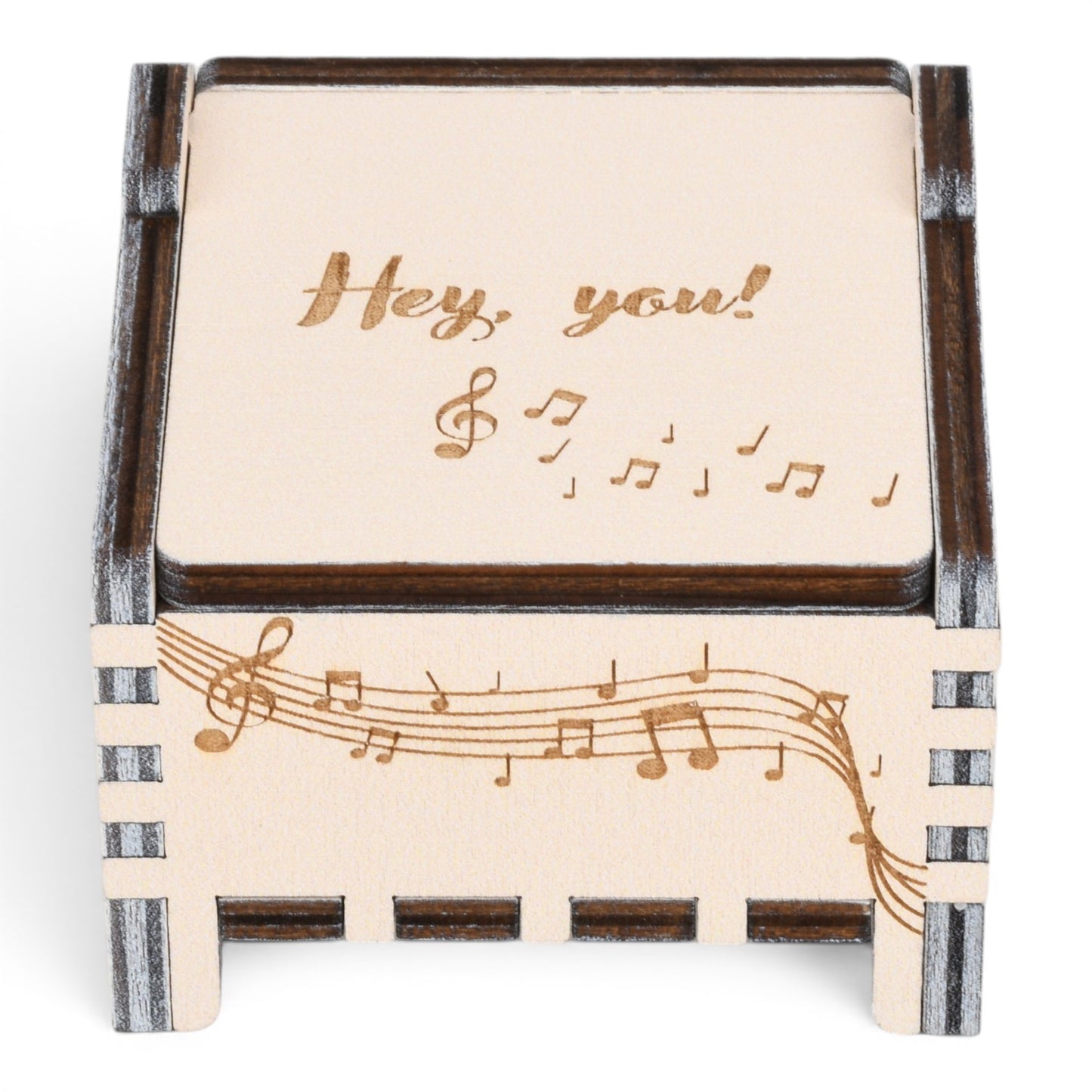 Enchanted Music Boxes plywood music box with engraved musical notes and Hey you text on the lid.