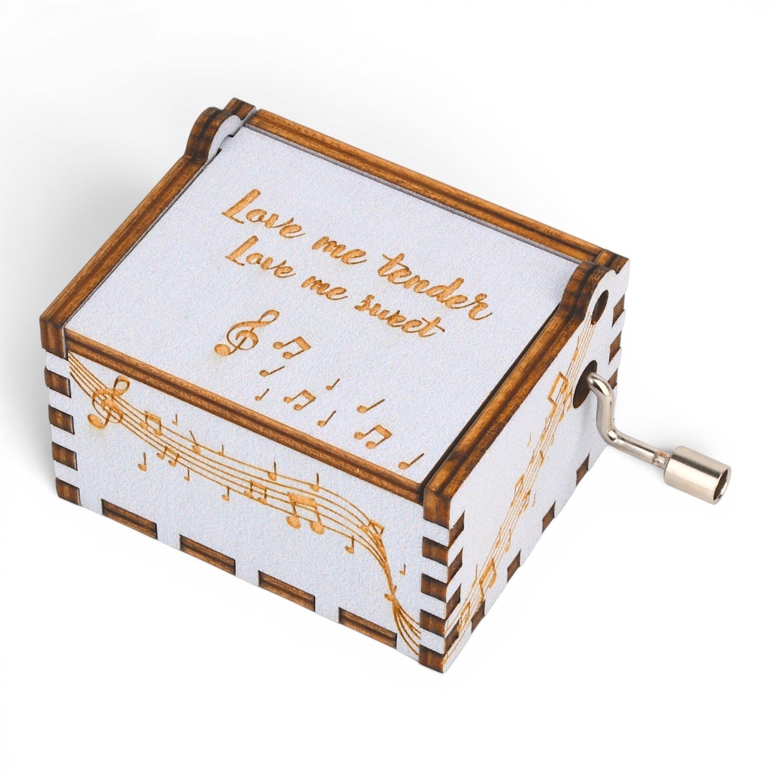 Enchanted Music Boxes hand-crank plywood music box with Love Me Tender engraving and musical staff design.