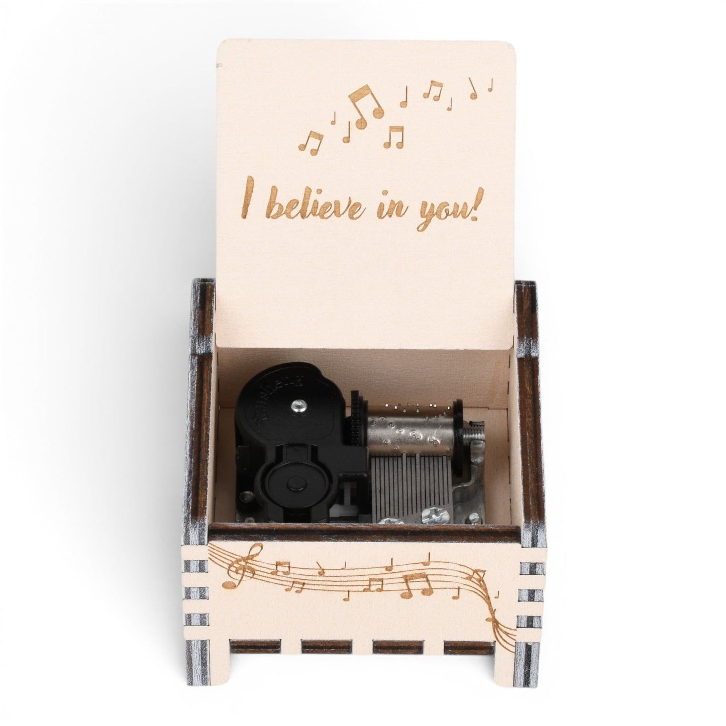Enchanted Music Boxes plywood music box with music note engravings and I believe in you text on the open lid