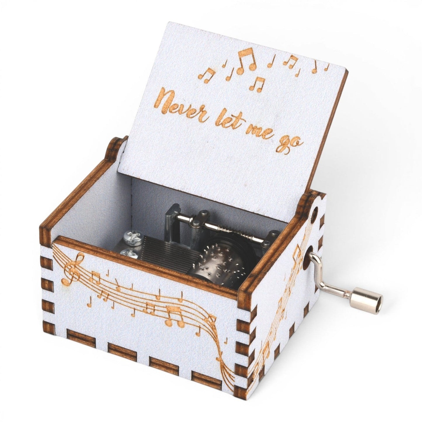 Enchanted Music Boxes hand-crank plywood music box with musical note engravings and Never let me go text on lid