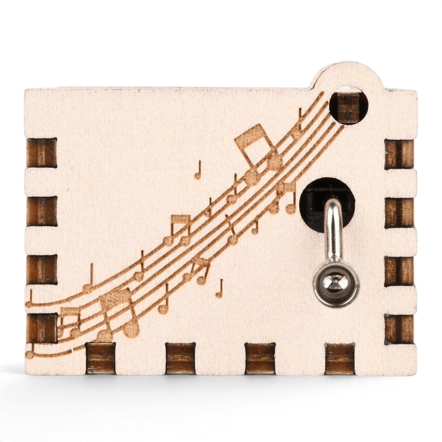 Enchanted Music Boxes hand-crank music box made of plywood with laser-engraved musical staff and note design.