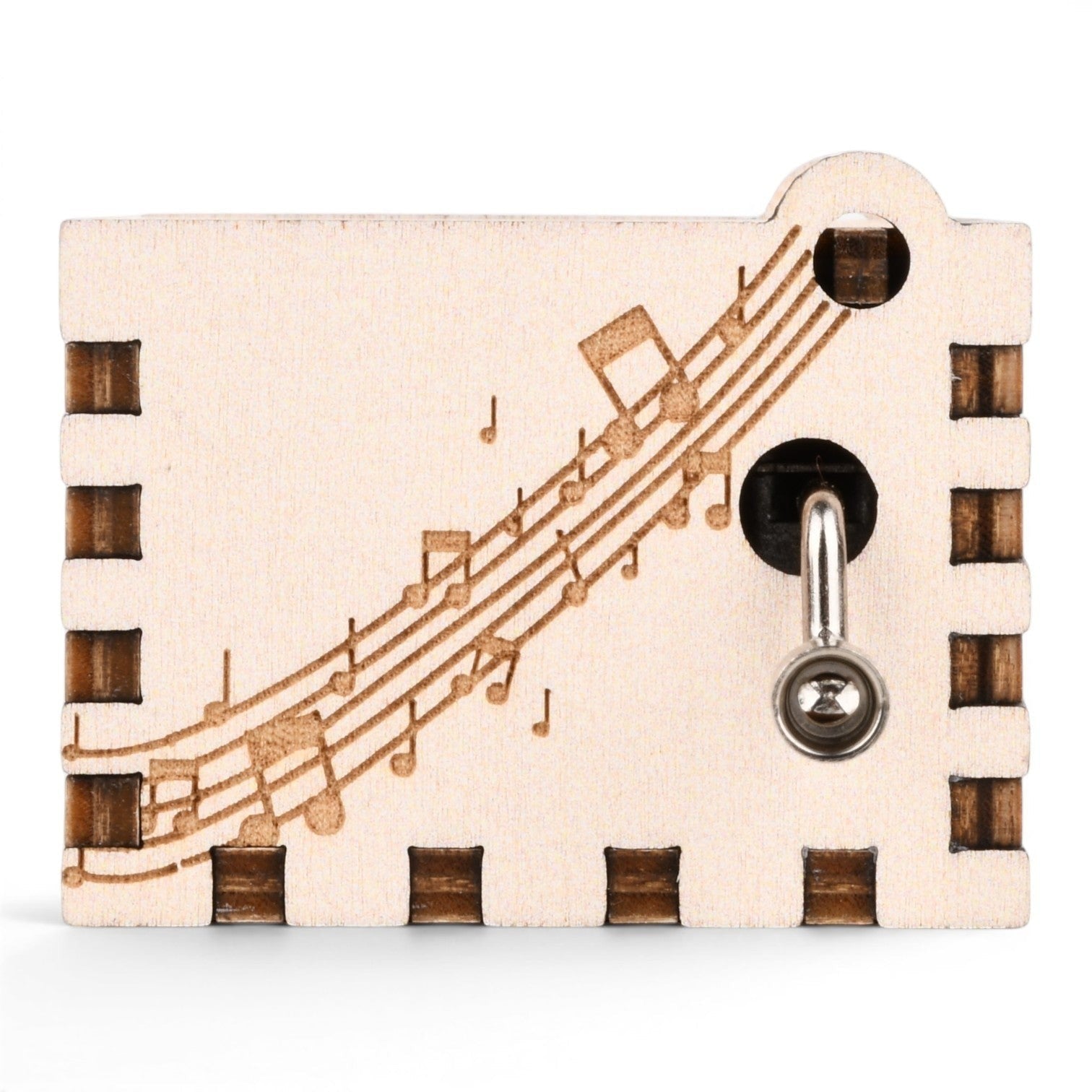 Enchanted Music Boxes hand-crank music box made of plywood with laser-engraved musical staff and note design.