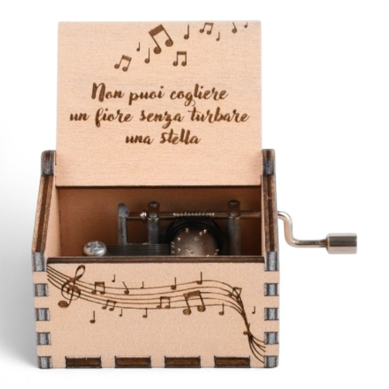 Enchanted Music Boxes hand-crank music box in plywood with engraved music notes and Italian quote on the lid interior.