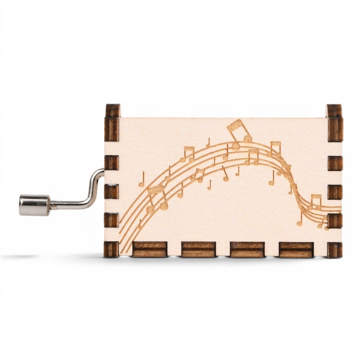 Enchanted Music Boxes hand-crank music box made of light plywood with laser-engraved musical notes on the side.