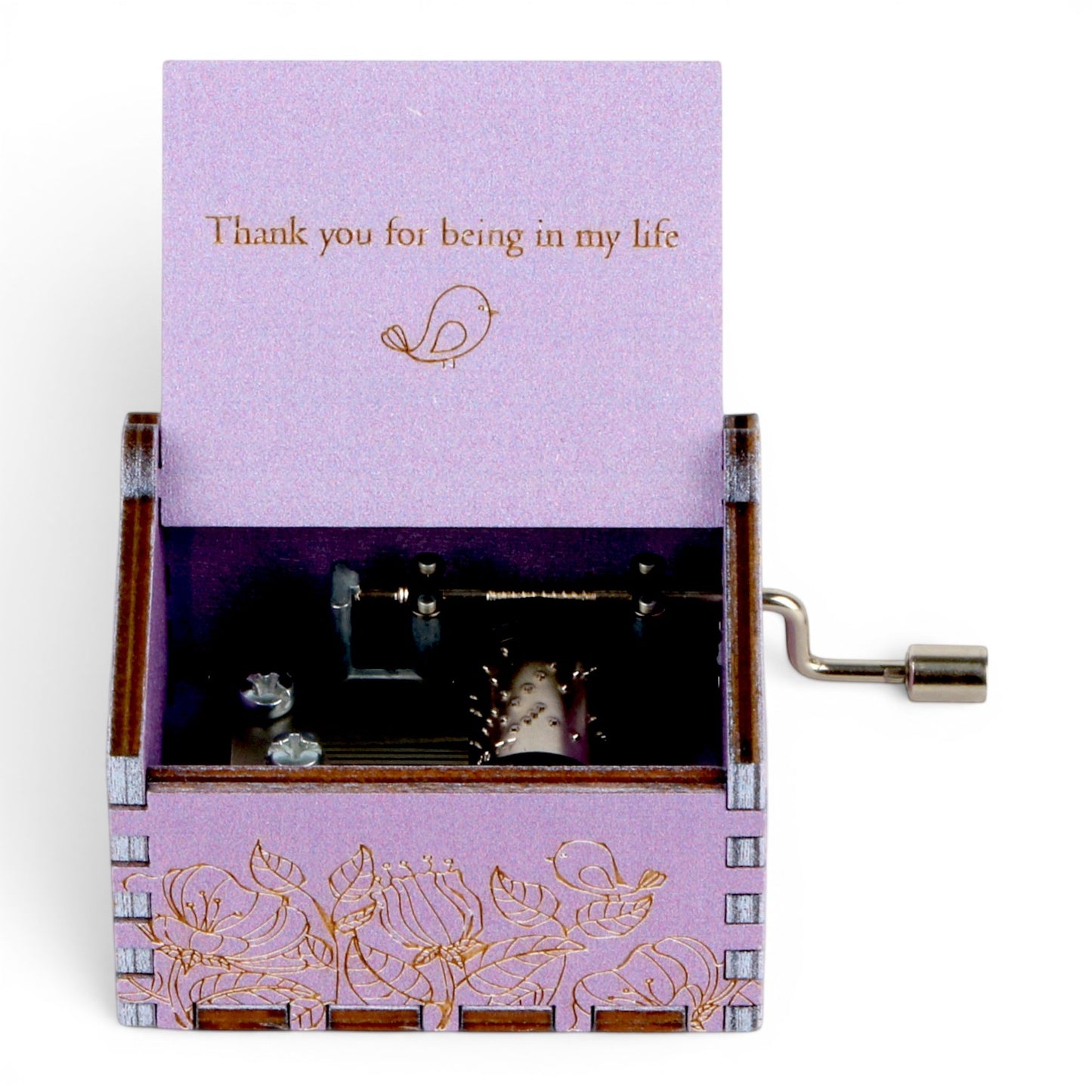 Enchanted Music Boxes singing bird hand-crank music box in purple plywood with custom engraved lid and floral design