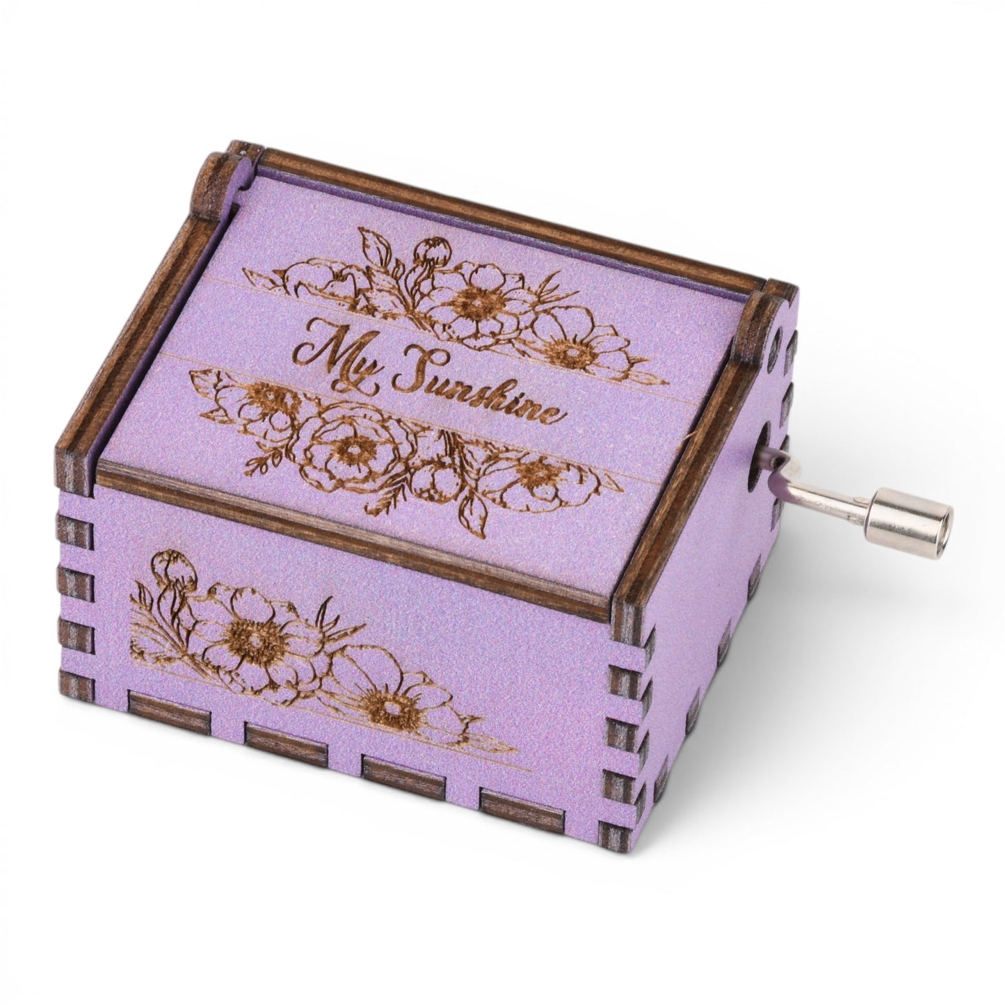 Enchanted Music Boxes purple plywood hand-crank music box with floral engravings and My Sunshine text on the lid