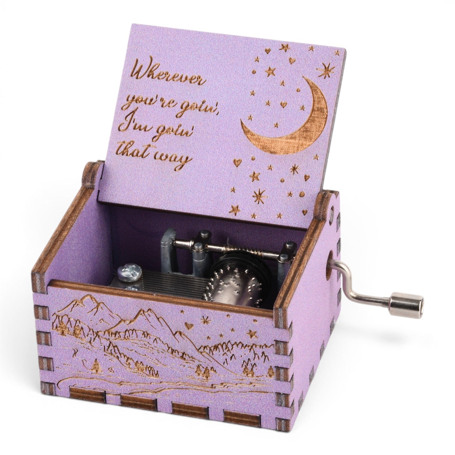 Enchanted Music Boxes purple plywood hand-crank music box with engraved moon, stars, and mountain landscape design.