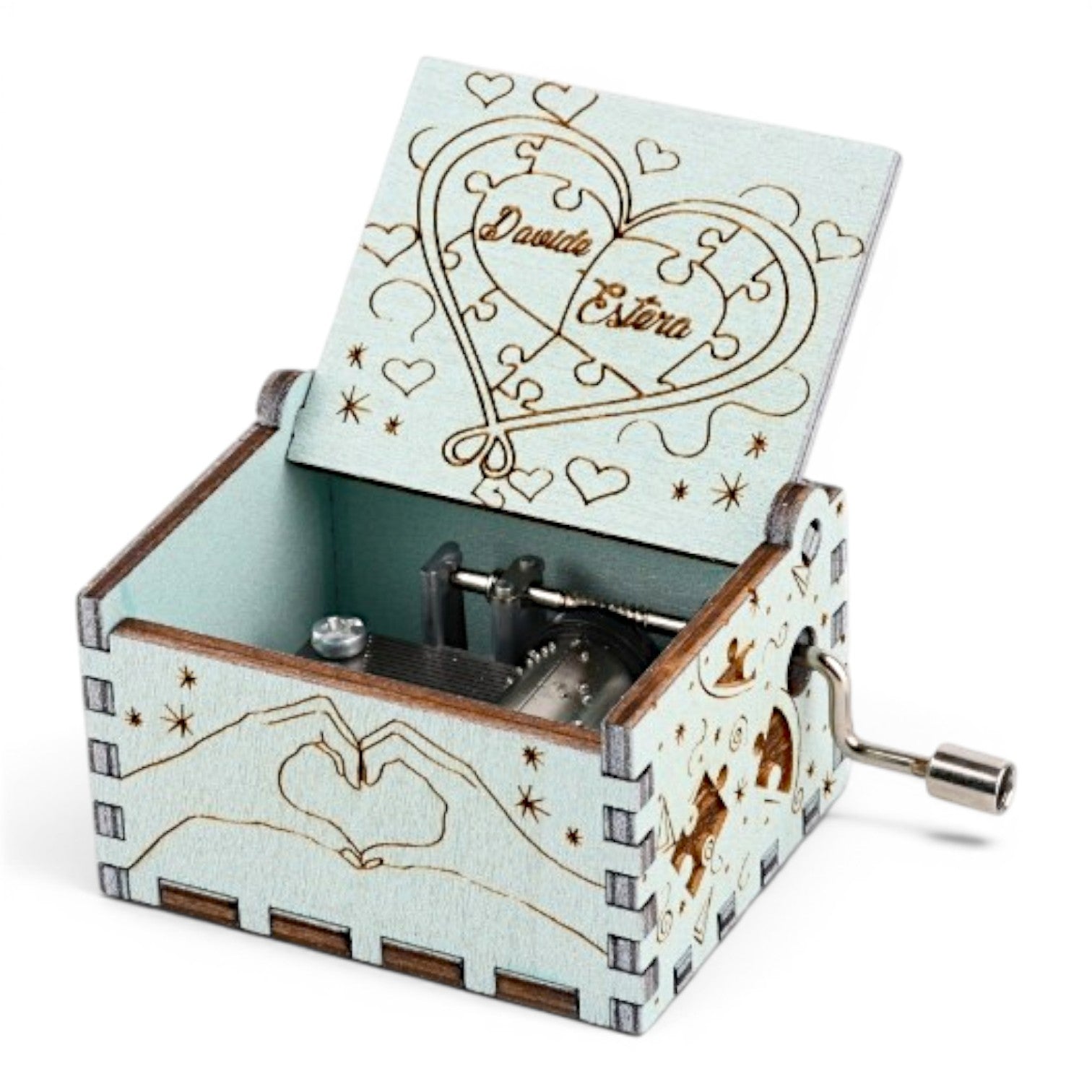 Enchanted Music Boxes hand-crank plywood music box with puzzle heart engraving and custom names on the lid.