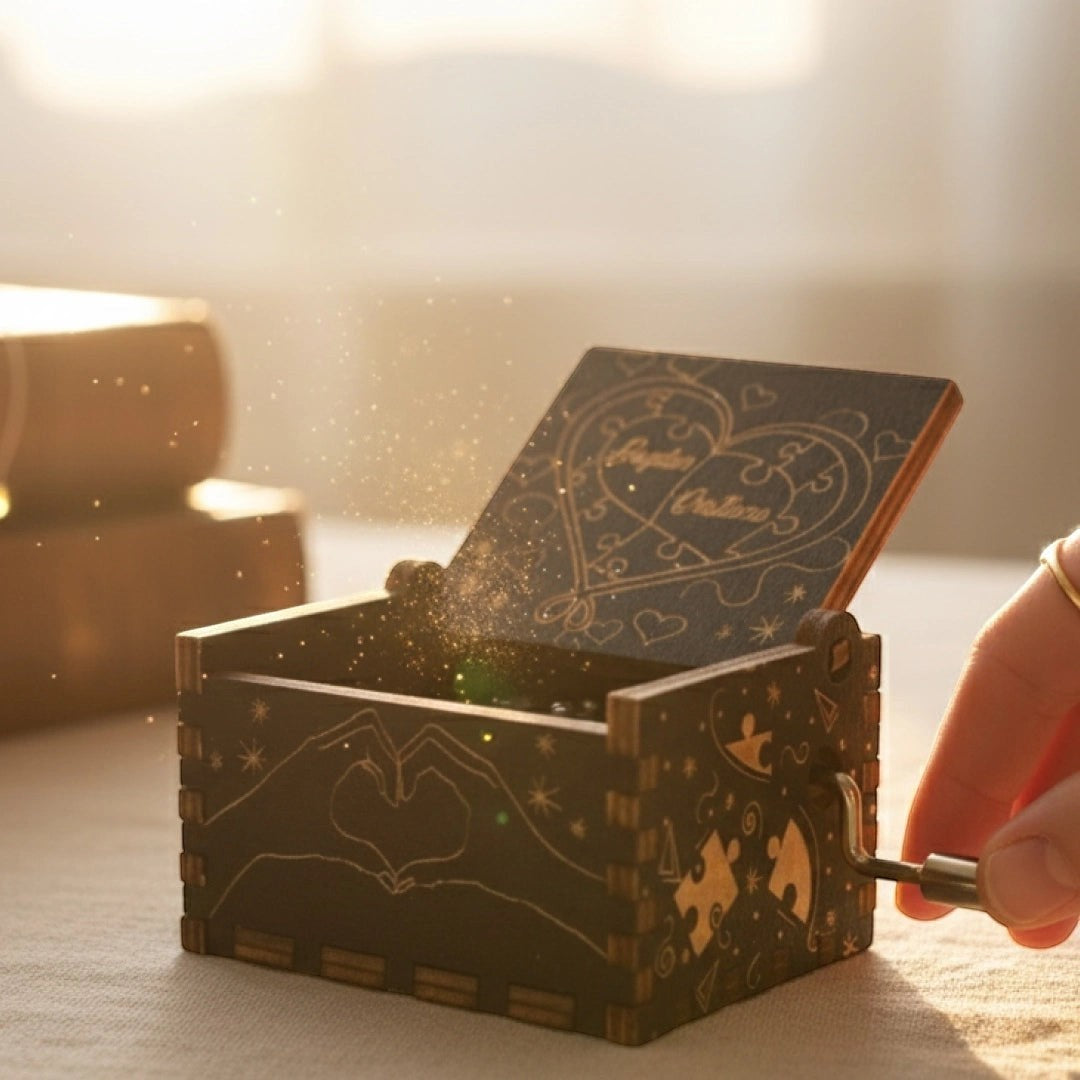 Enchanted Music Boxes puzzle piece hand-crank music box with heart and pinky promise engravings in plywood