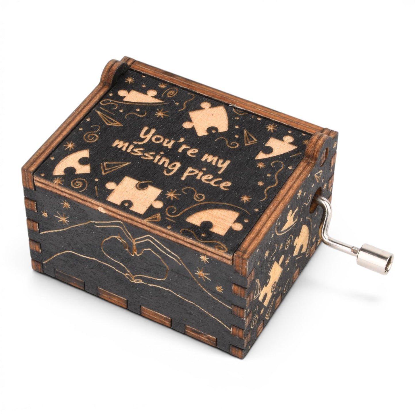 Enchanted Music Boxes plywood hand-crank music box with puzzle piece engravings and You're my missing piece text