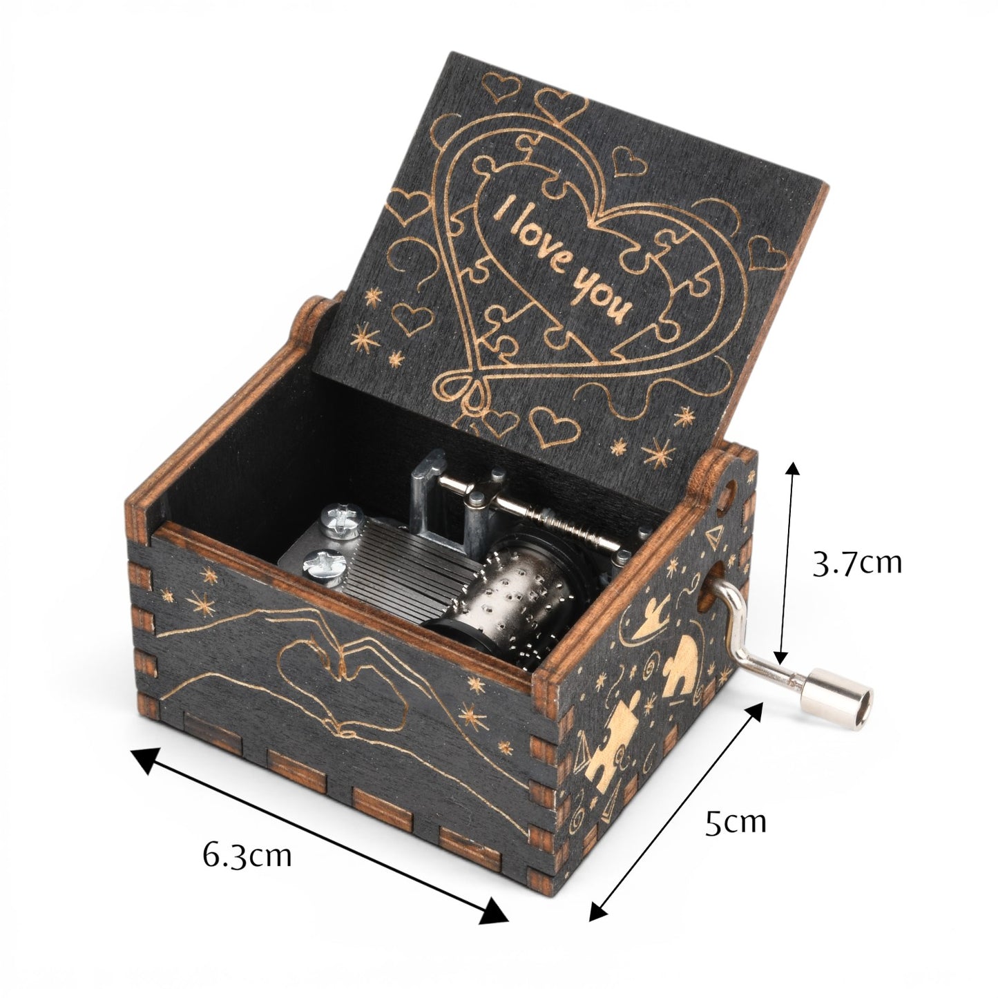 Enchanted Music Boxes puzzle piece hand-crank music box in black plywood with heart and I love you engraving.
