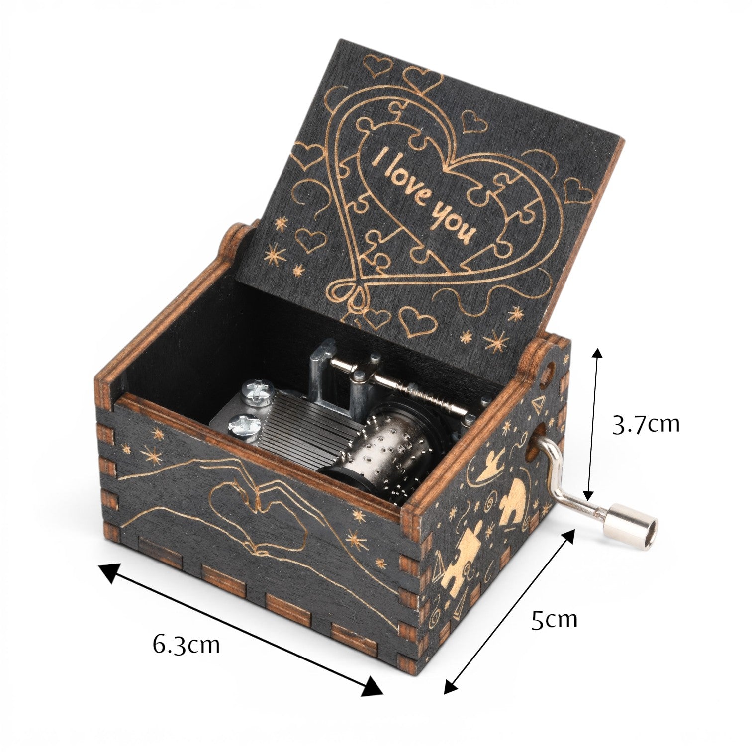 Enchanted Music Boxes puzzle piece hand-crank music box in black plywood with heart and I love you engraving.
