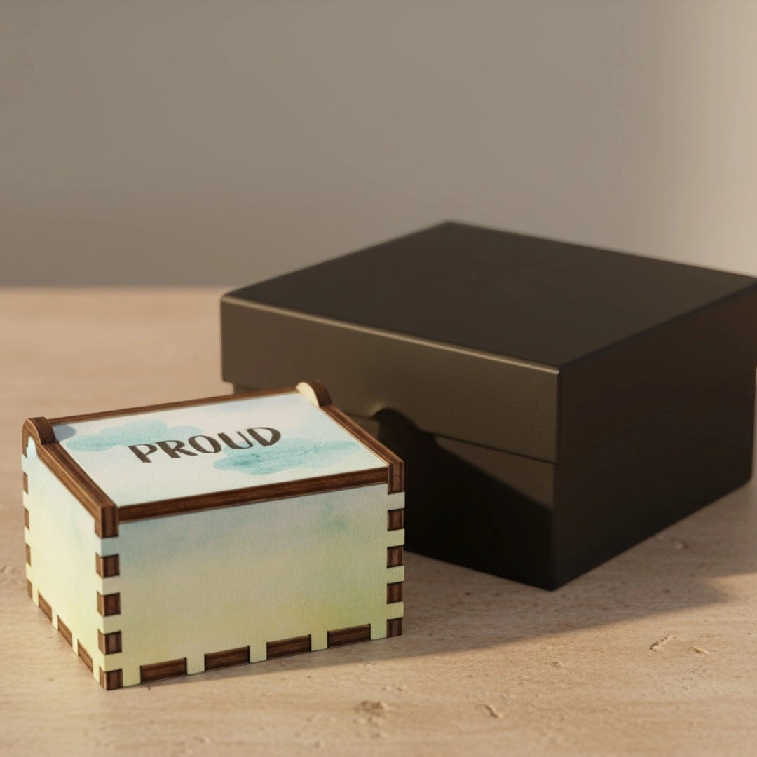 Enchanted Music Boxes rainbow watercolour hand-crank music box with Proud engraved on the lid in a black gift box.