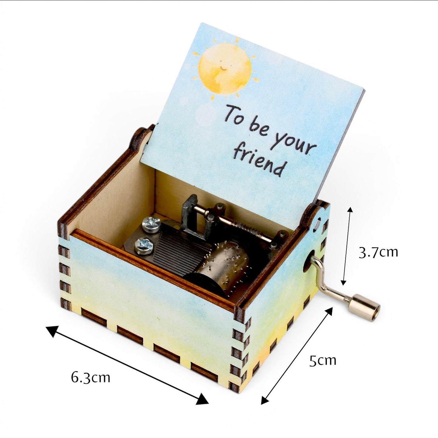 Enchanted Music Boxes rainbow hand-crank music box with watercolour design and To be your friend lid inscription