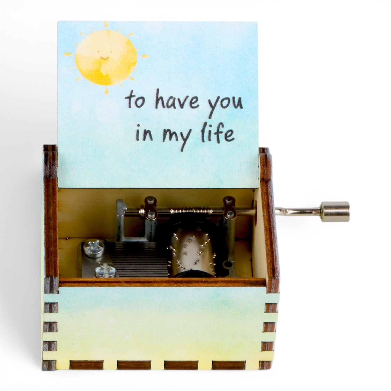 Enchanted Music Boxes rainbow hand-crank music box with watercolour sun design and to have you in my life inscription
