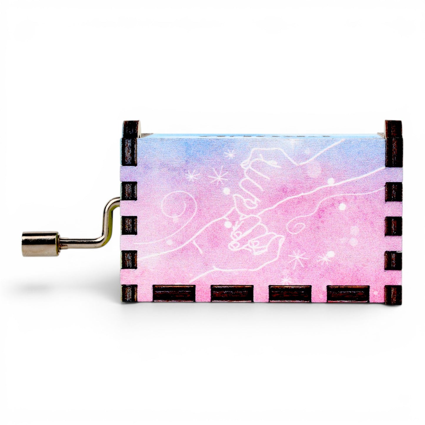 Enchanted Music Boxes rainbow hand-crank music box with a pinky-promise watercolour design on plywood