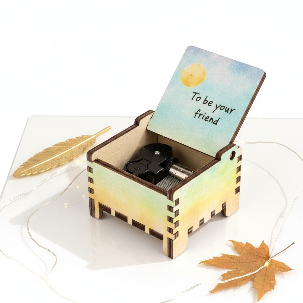 Enchanted Music Boxes rainbow plywood wind-up music box with "to be your friend" text on the open lid