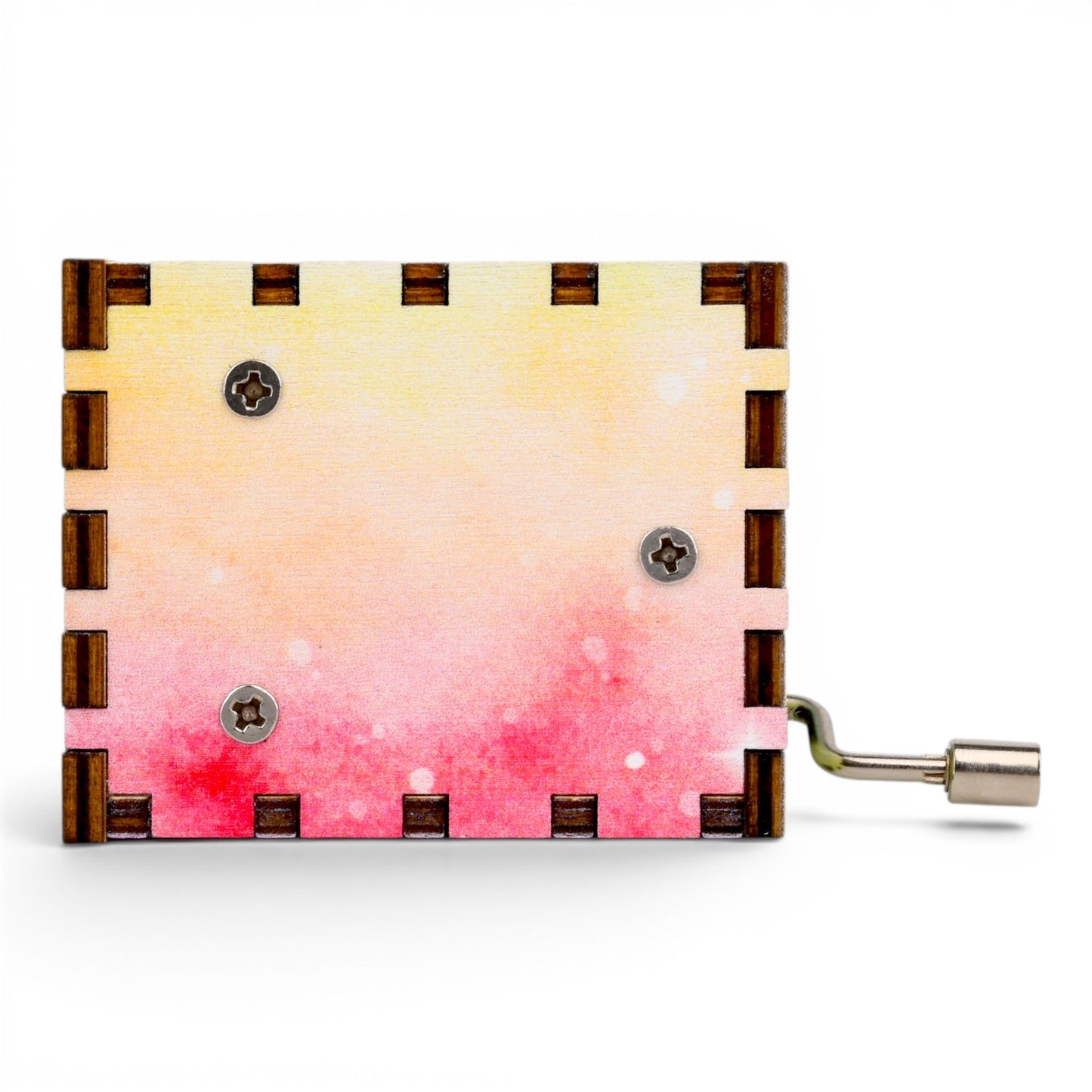 Enchanted Music Boxes rainbow watercolour plywood hand-crank music box with metal handle and visible screw details.
