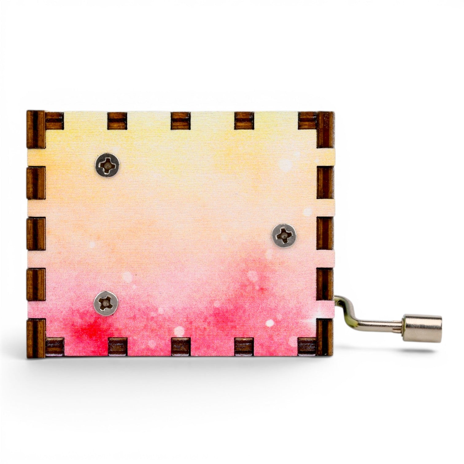 Enchanted Music Boxes rainbow watercolour plywood hand-crank music box with metal handle and visible screw details.
