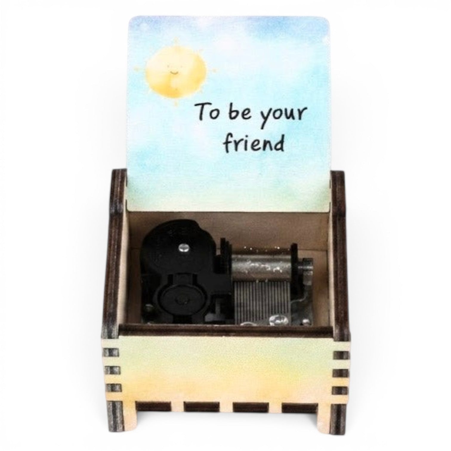 Enchanted Music Boxes rainbow plywood wind-up music box with a sun illustration and To be your friend engraving.