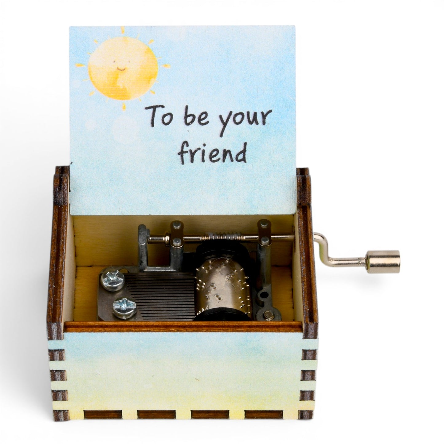 Enchanted Music Boxes rainbow plywood music box with a hand-crank mechanism and To be your friend lid inscription.