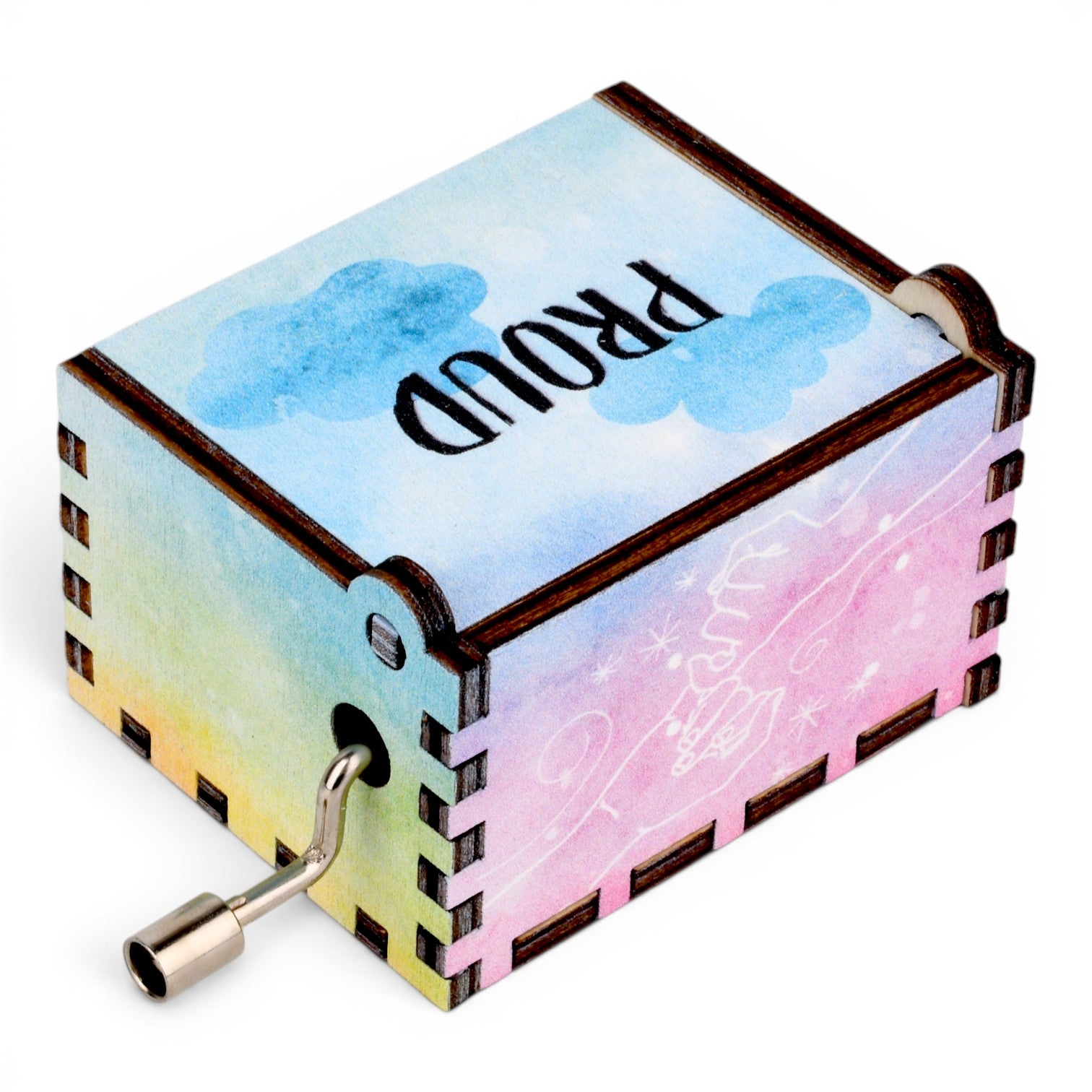 Enchanted Music Boxes rainbow plywood hand-crank music box with watercolour cloud design and Proud text engraving