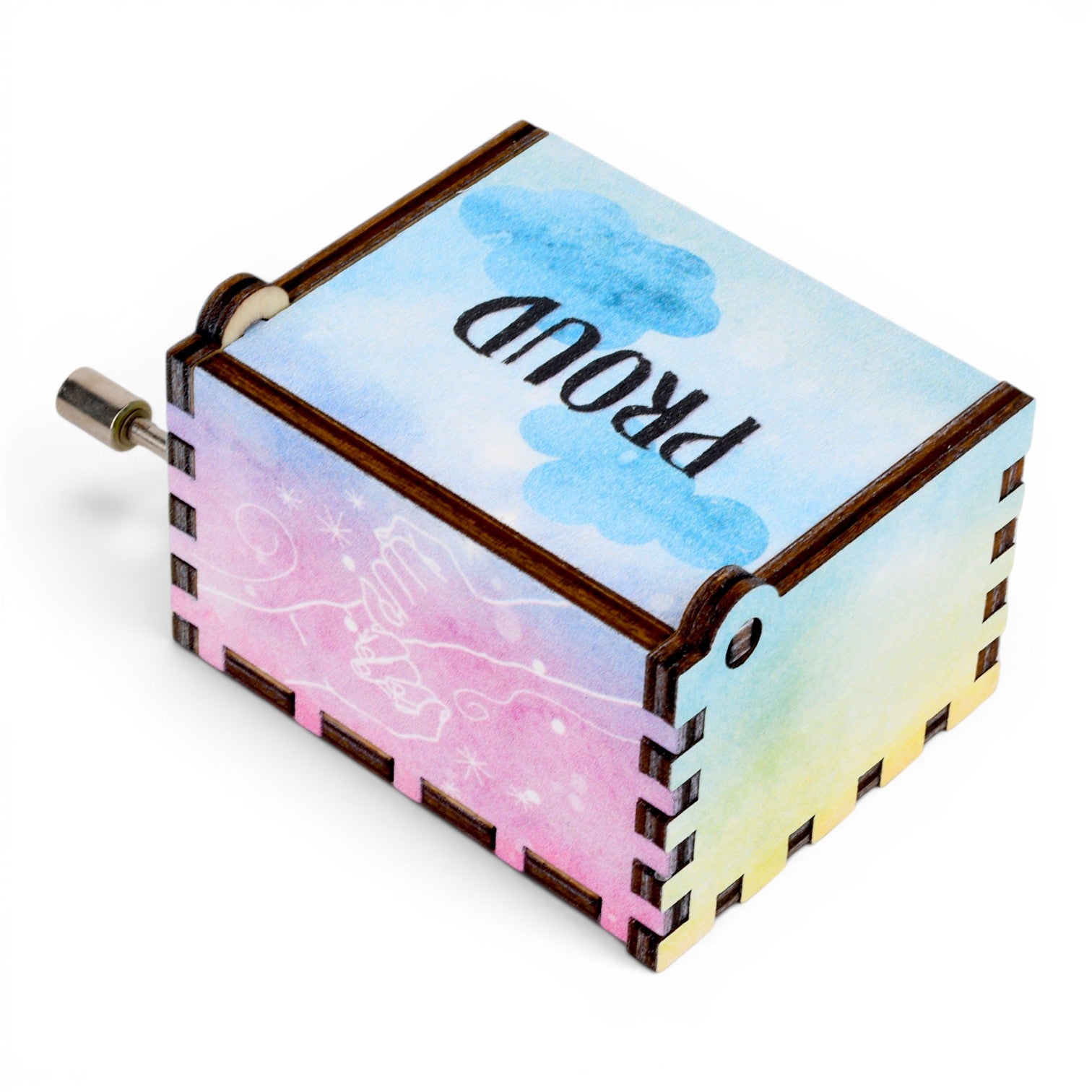 Enchanted Music Boxes rainbow watercolour hand-crank music box with Proud text on a plywood lid