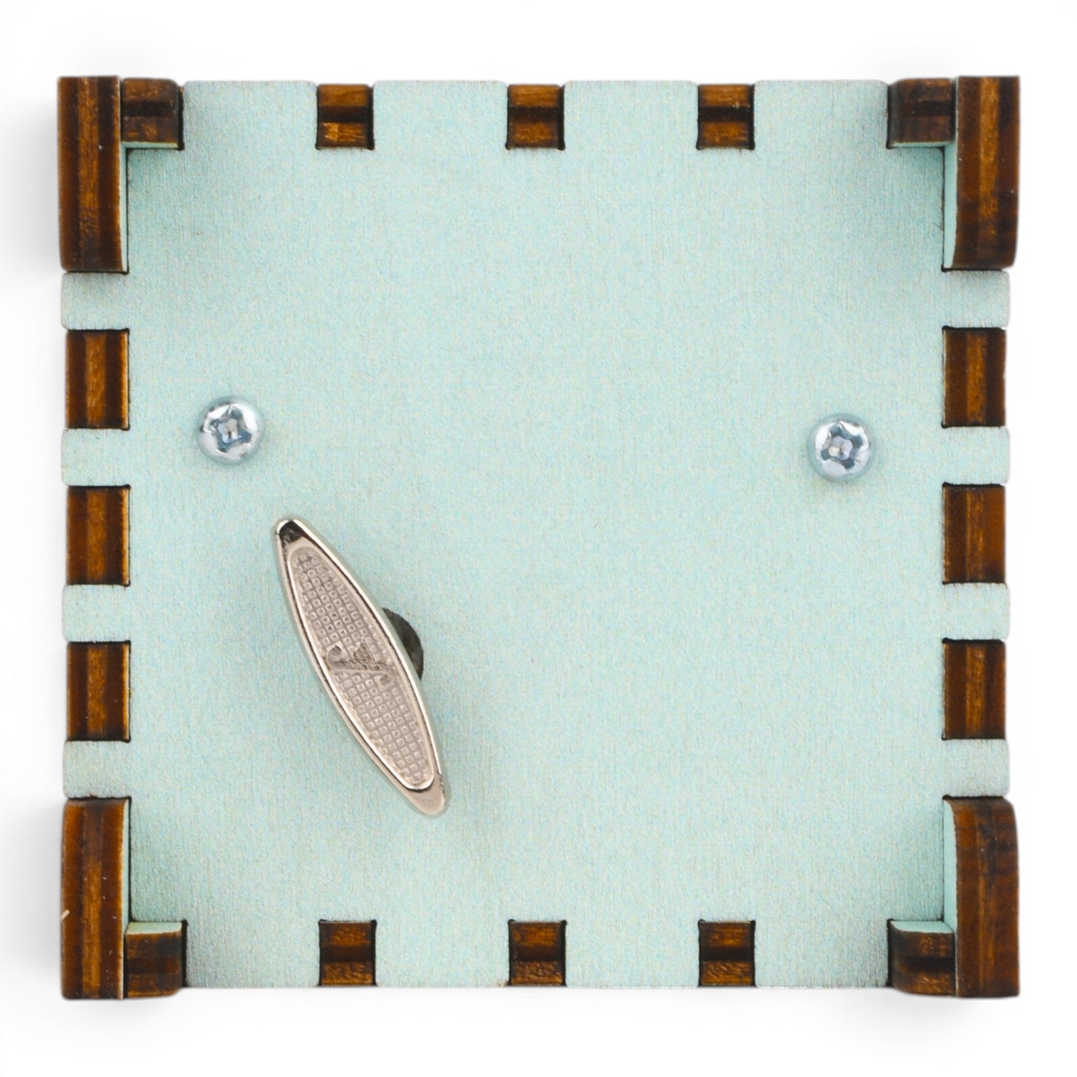 Enchanted Music Boxes Starry Night wind-up music box underside view showing the metal winding key on teal wood.