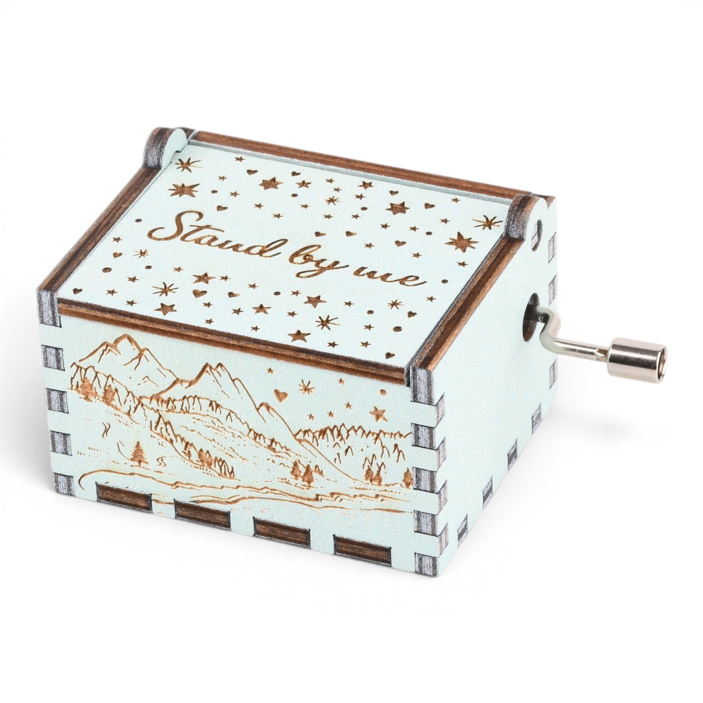 Enchanted Music Boxes Starry Night hand-crank music box in teal plywood with mountain engraving and Stand by me text.