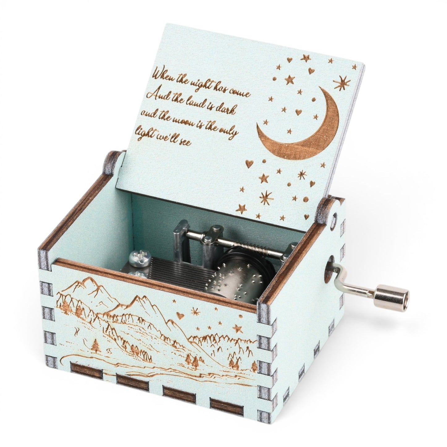 Enchanted Music Boxes Starry Night hand-crank music box in light teal plywood with mountain and moon engravings.