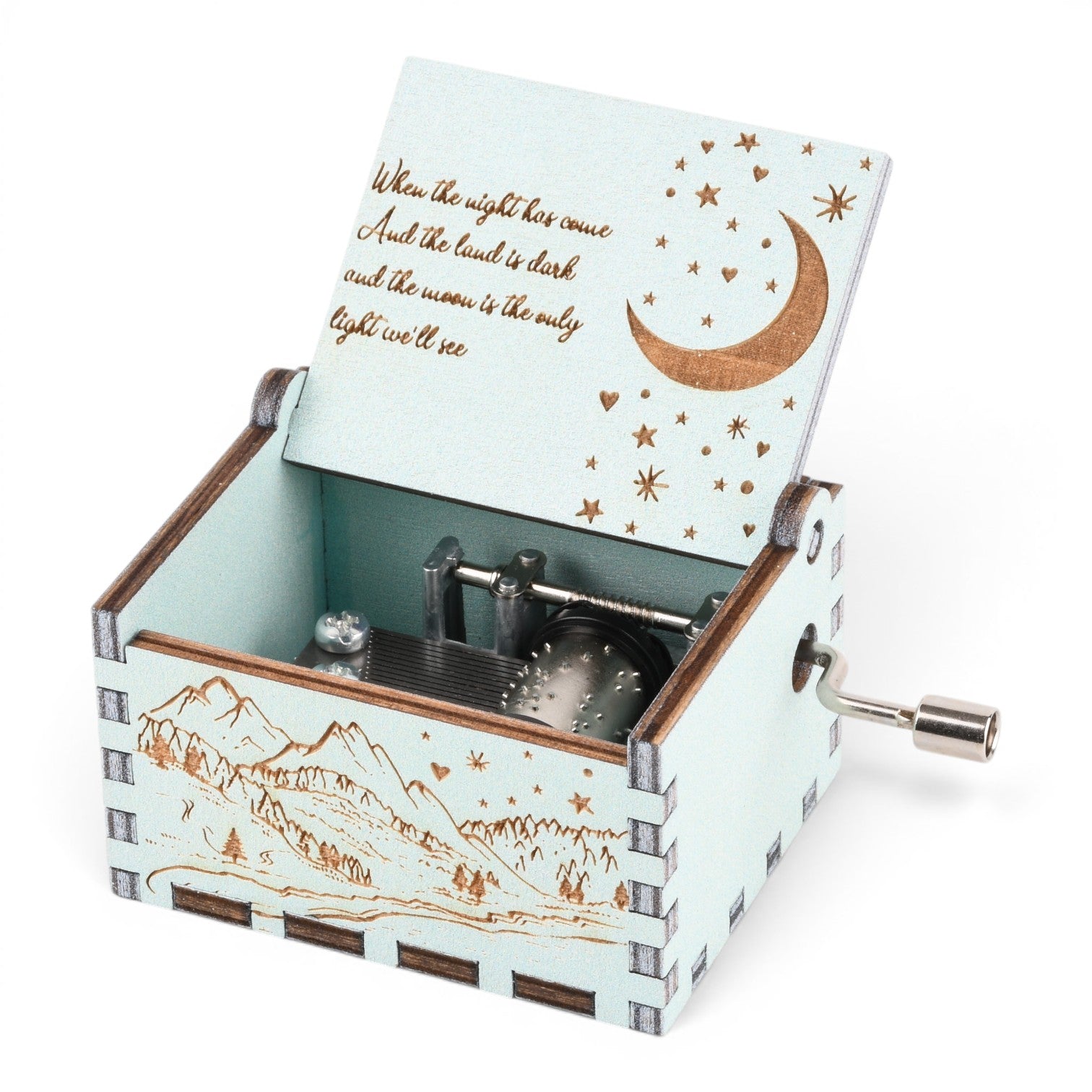 Enchanted Music Boxes Starry Night hand-crank music box in light teal plywood with mountain and moon engravings.