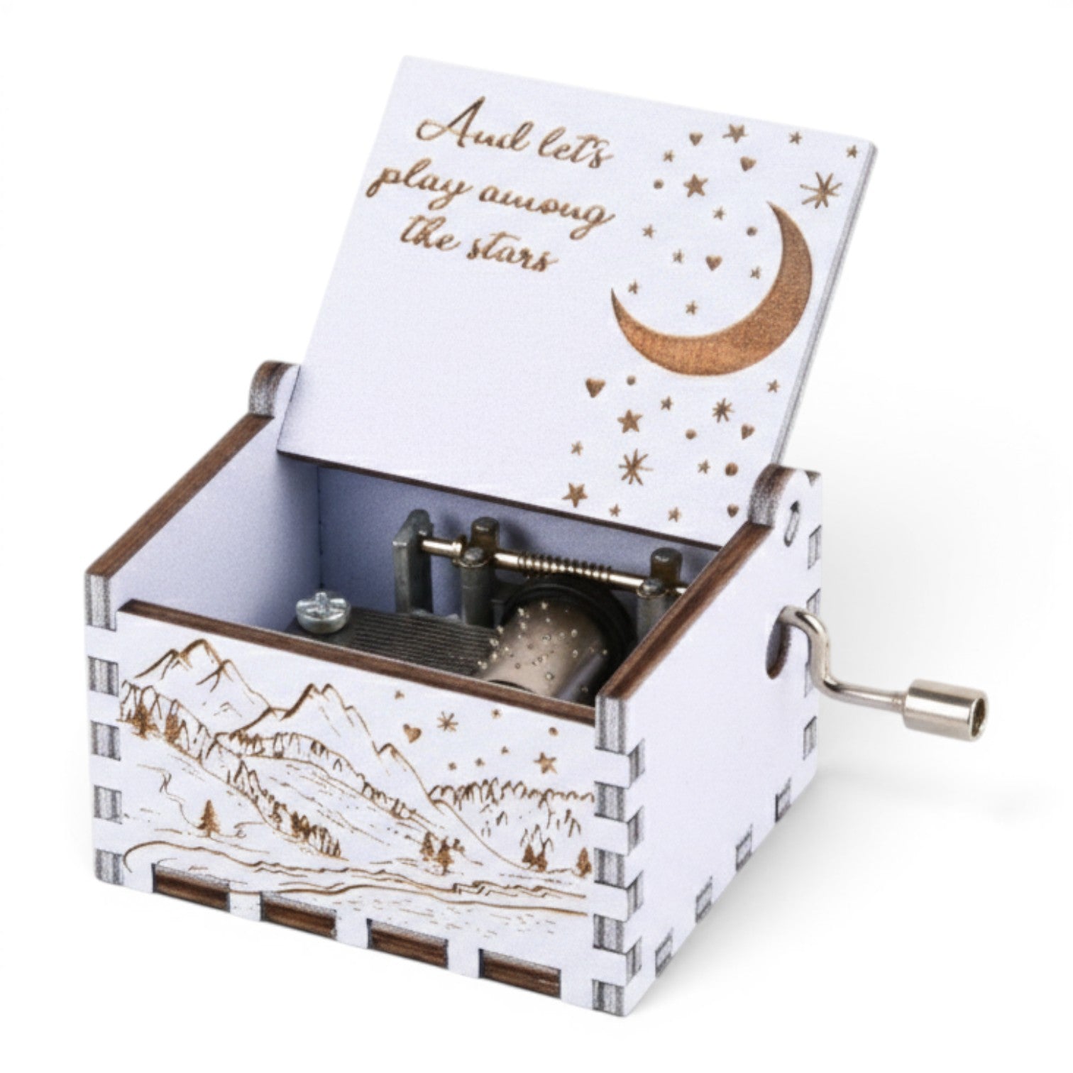 Enchanted Music Boxes hand-crank music box with blue plywood, alpine mountain engraving, and starry moon lid design.