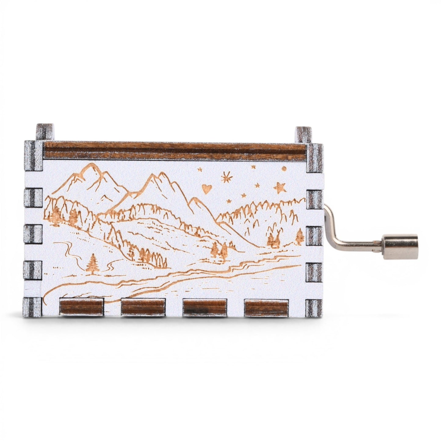 Enchanted Music Boxes Starry Night hand-crank music box featuring a laser-engraved alpine mountain scene on plywood.