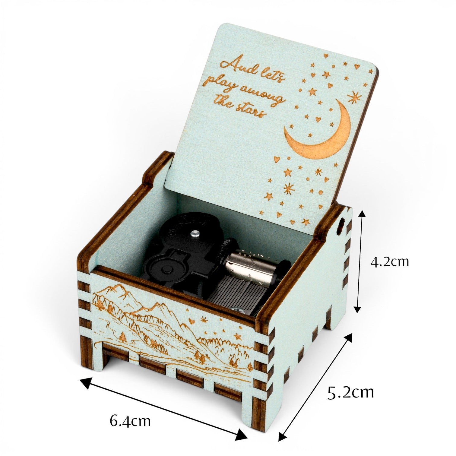 Measurements of Enchanted Music Boxes teal wooden wind-up music box with engraved crescent moon, stars, and alpine mountain scenery.