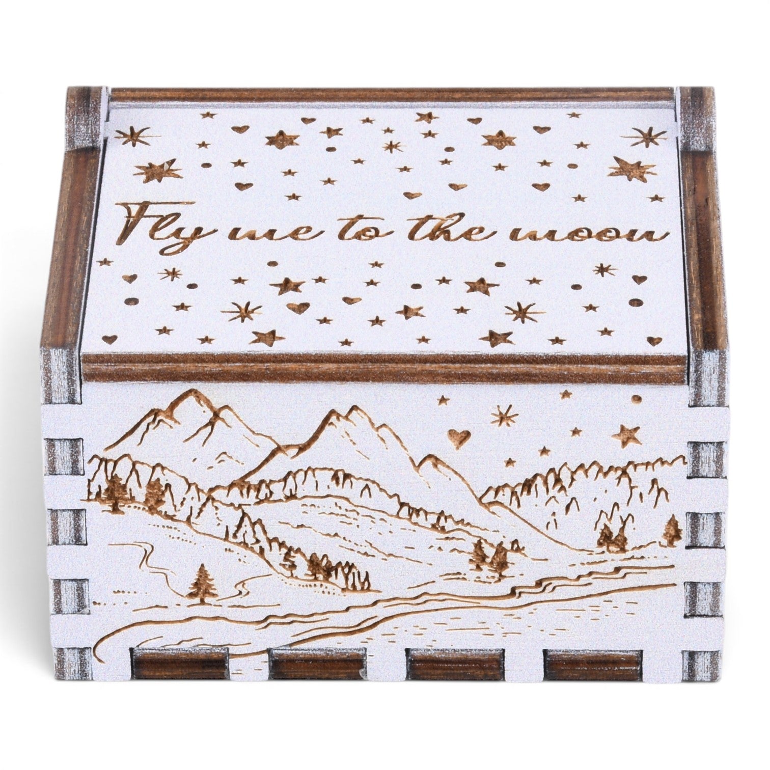 Enchanted Music Boxes plywood hand-crank music box with laser-engraved alpine mountain scene and starry night lid design.