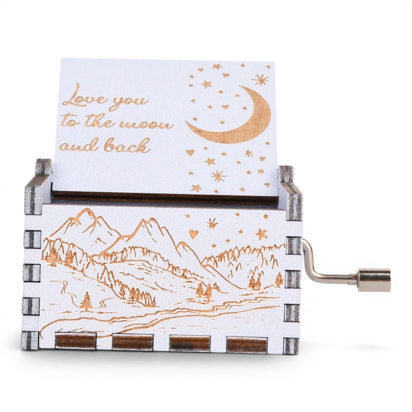 Enchanted Music Boxes plywood hand-crank music box featuring alpine mountain scenery and moon engraving on the lid.