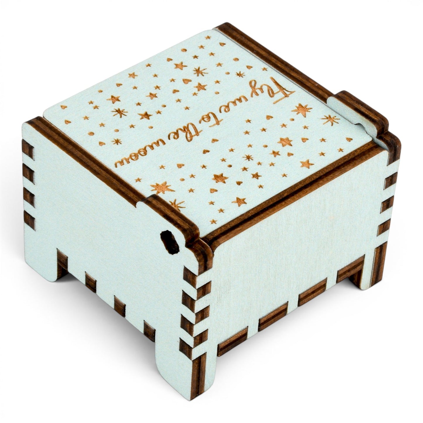 Back view of Enchanted Music Boxes teal wooden wind-up music box with engraved starry night lid and dark wood finger joints.