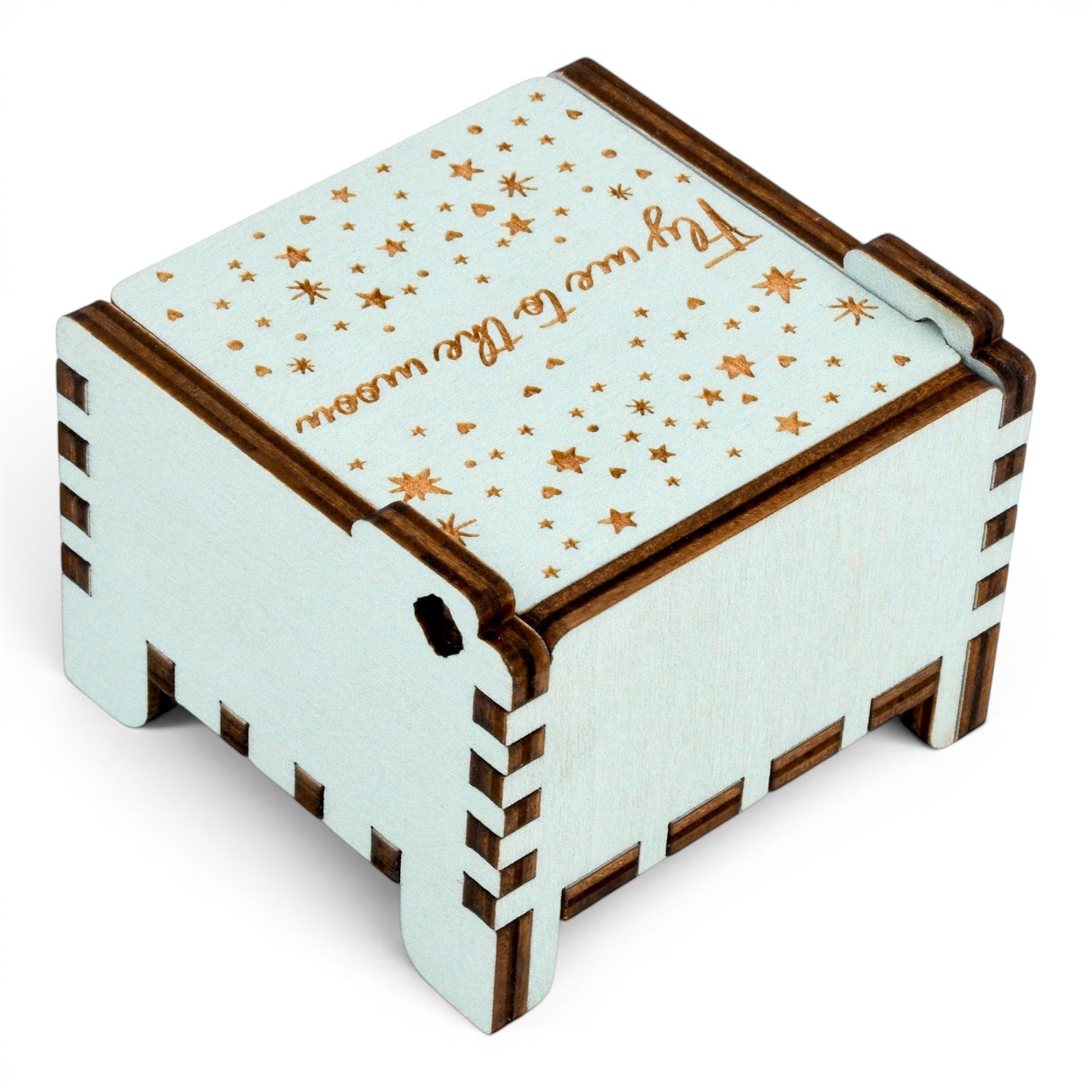 Back view of Enchanted Music Boxes teal wooden wind-up music box with engraved starry night lid and dark wood finger joints.