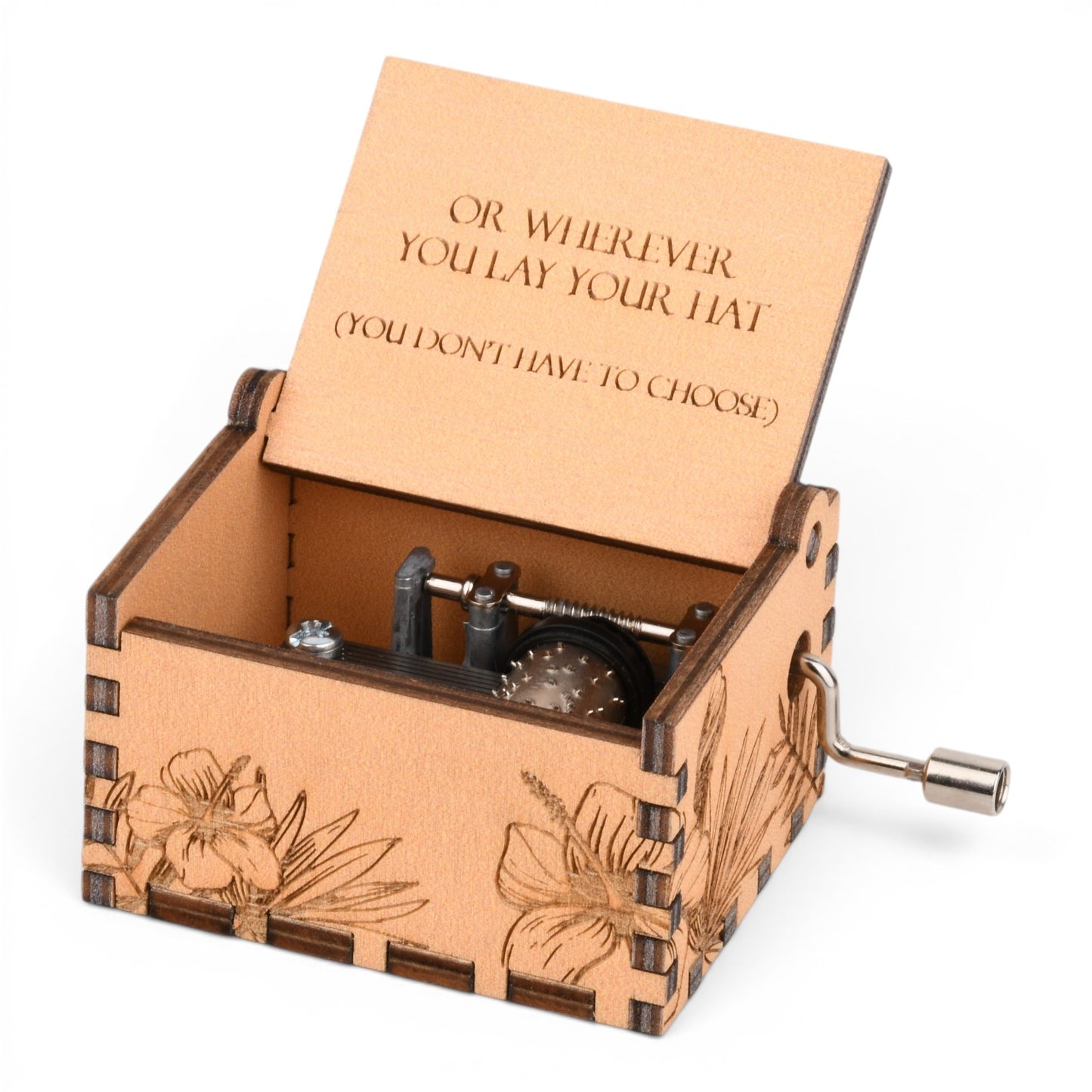Enchanted Music Boxes tropical plywood hand-crank music box with hibiscus engraving and custom text on the open lid.
