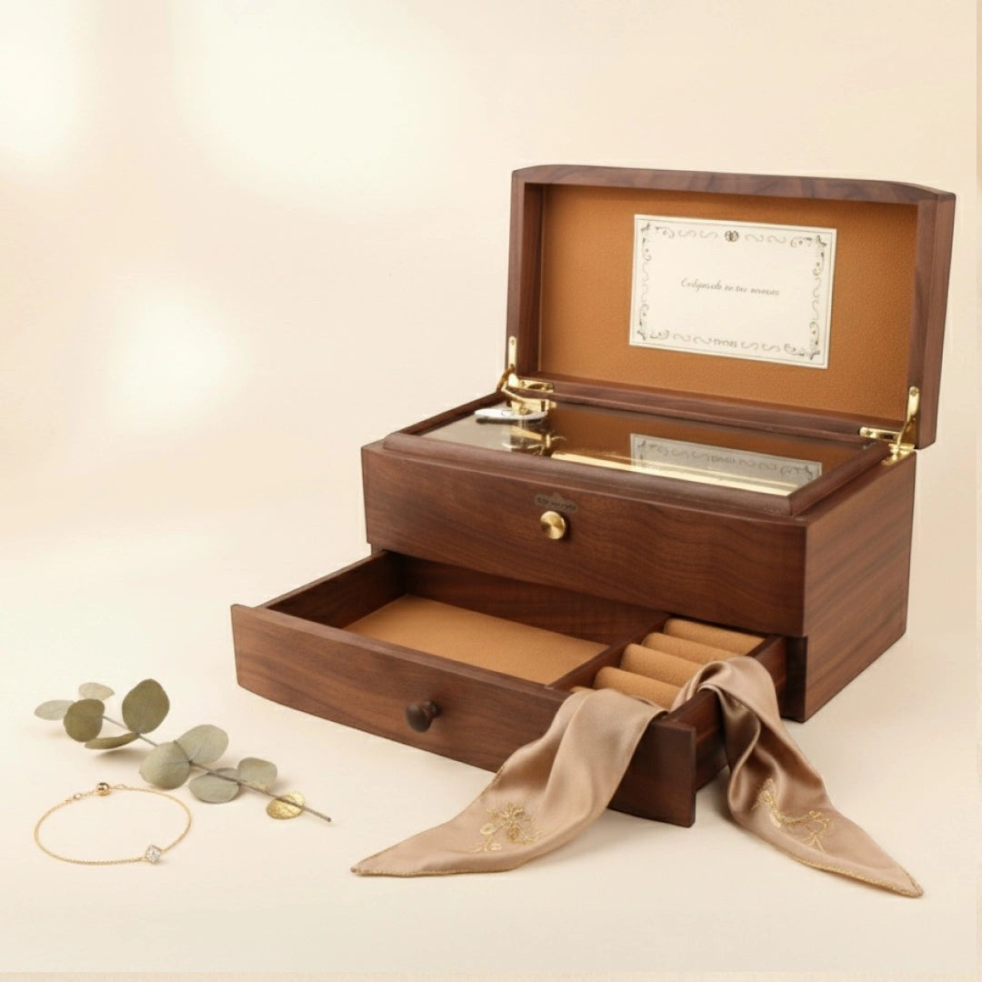 Enchanted Music Boxes 78-note walnut music box with a glass lid, jewellery drawer, and soft tan interior lining.