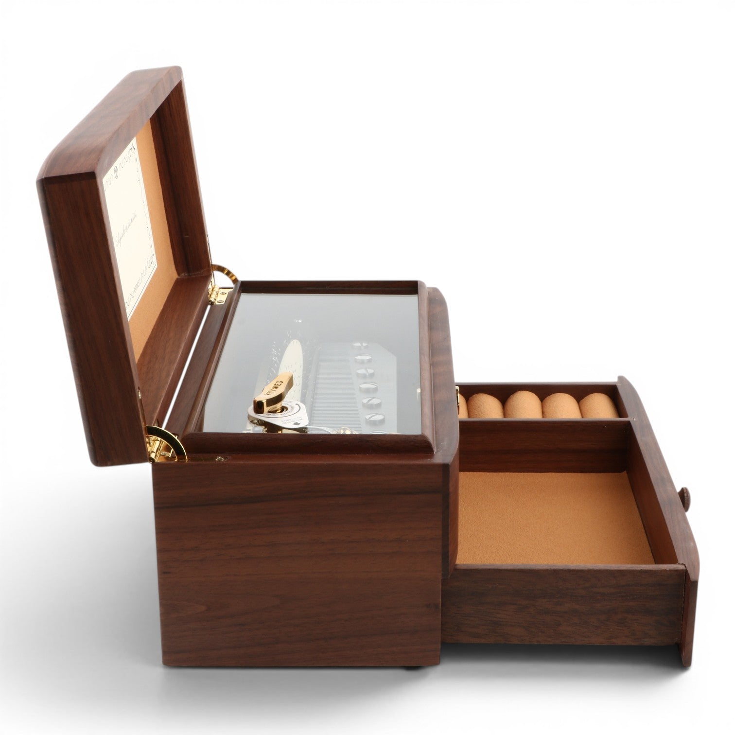 Enchanted Music Boxes 78-note walnut music box with a glass lid, visible mechanism, and a velvet-lined jewellery drawer.
