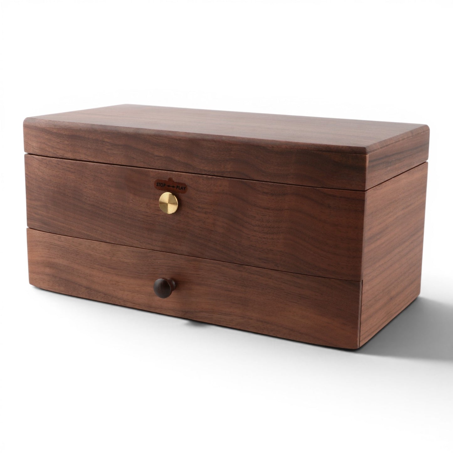 Enchanted Music Boxes 78-note walnut wood music box with a jewellery drawer and gold-toned wind-up mechanism.