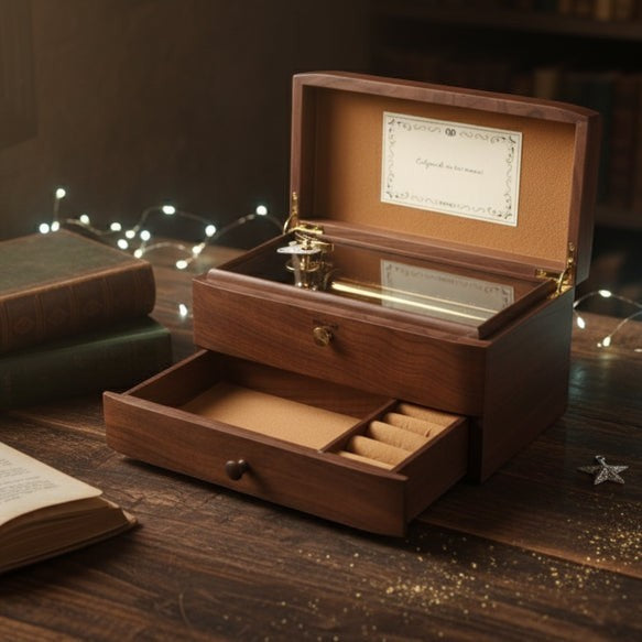 Enchanted Music Boxes 78-note walnut music box with a glass panel, internal mechanism, and a velvet-lined jewellery drawer.