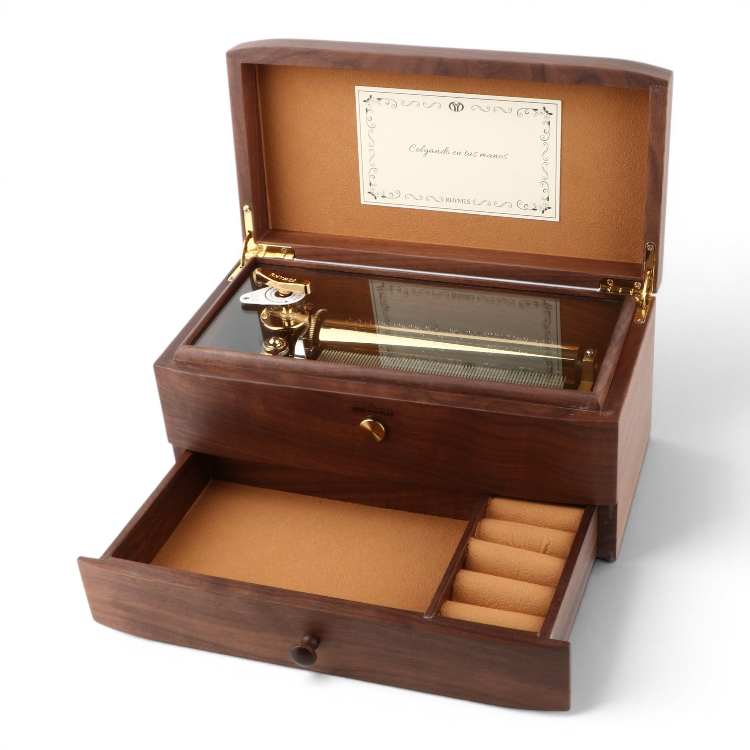 Enchanted Music Boxes 78-note walnut music box with glass panel, gold mechanism, and velvet-lined jewellery drawer.