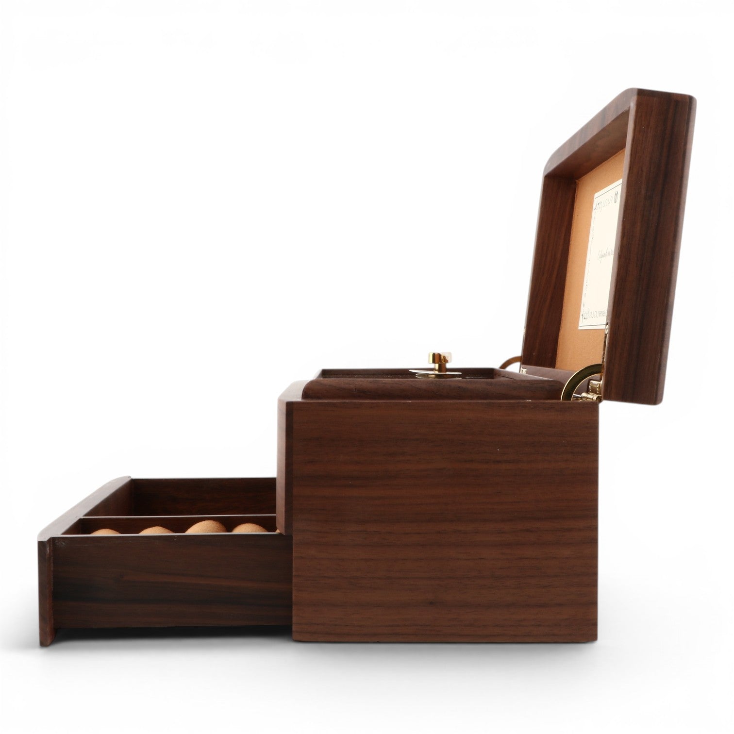 Enchanted Music Boxes 78-note walnut music box with open lid and jewellery drawer, side profile view.