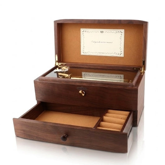 Enchanted Music Boxes 78-note walnut music box with open lid, glass panel, and jewellery drawer on white background.