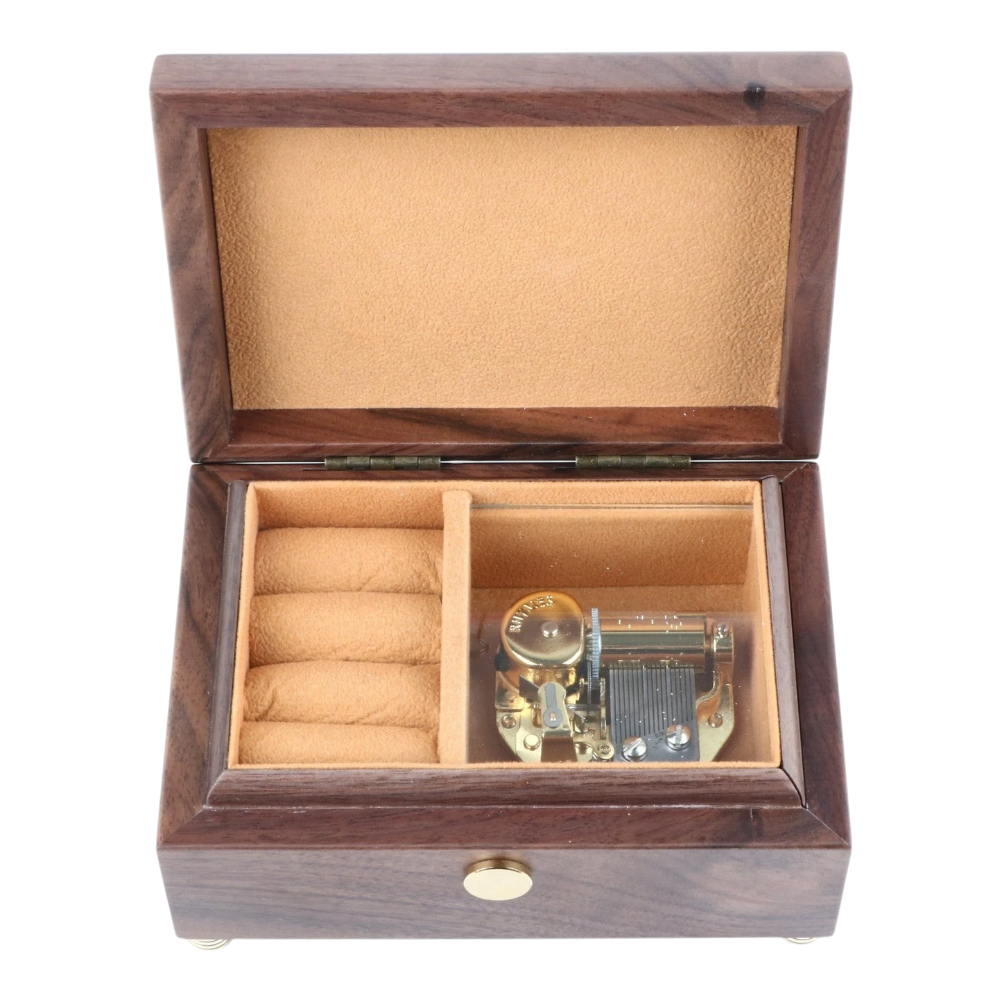 Enchanted Music Boxes walnut wood music box with a visible 18-note gold mechanism and tan velvet interior lining.