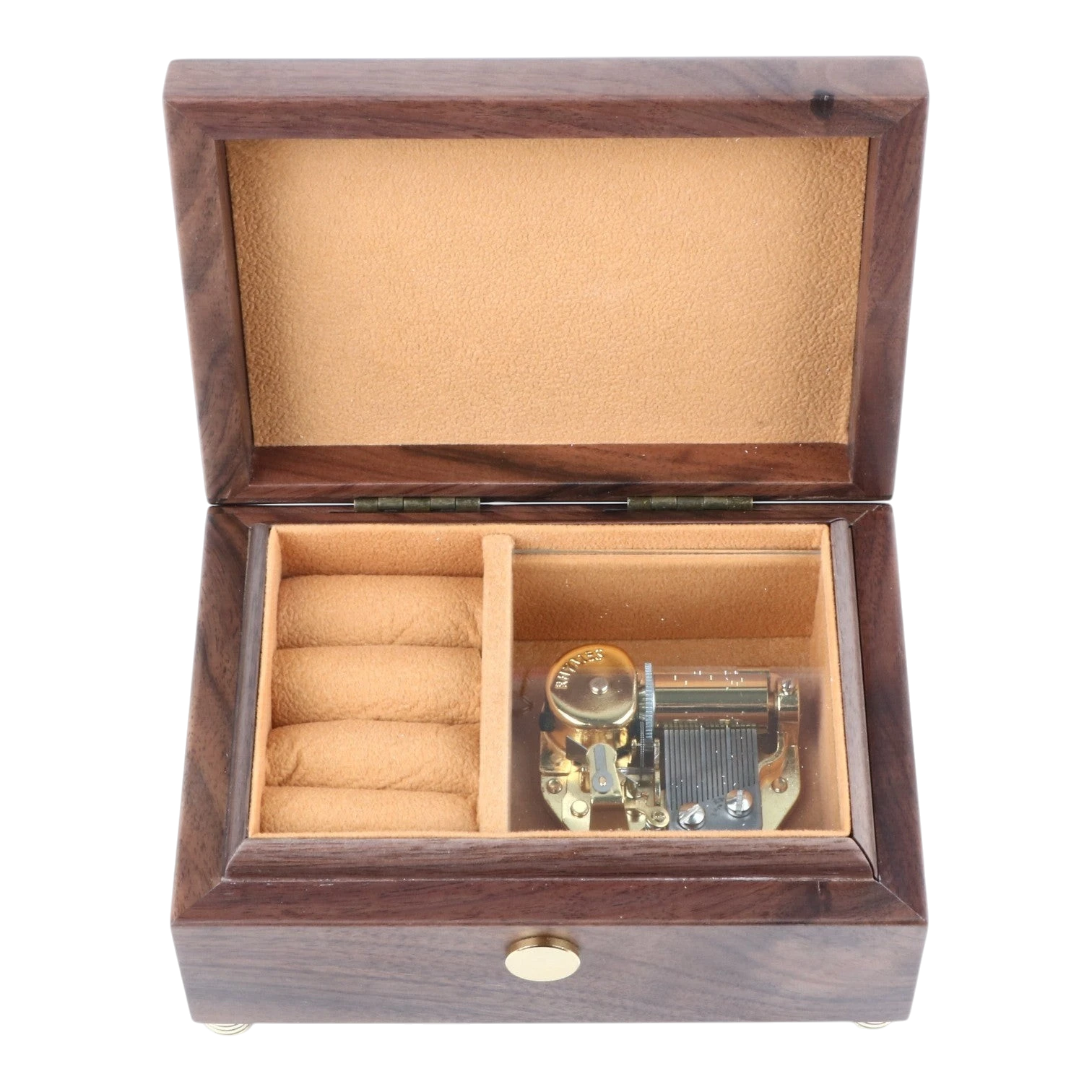 Enchanted Music Boxes walnut wood music box with a visible 18-note gold mechanism and tan velvet interior lining.